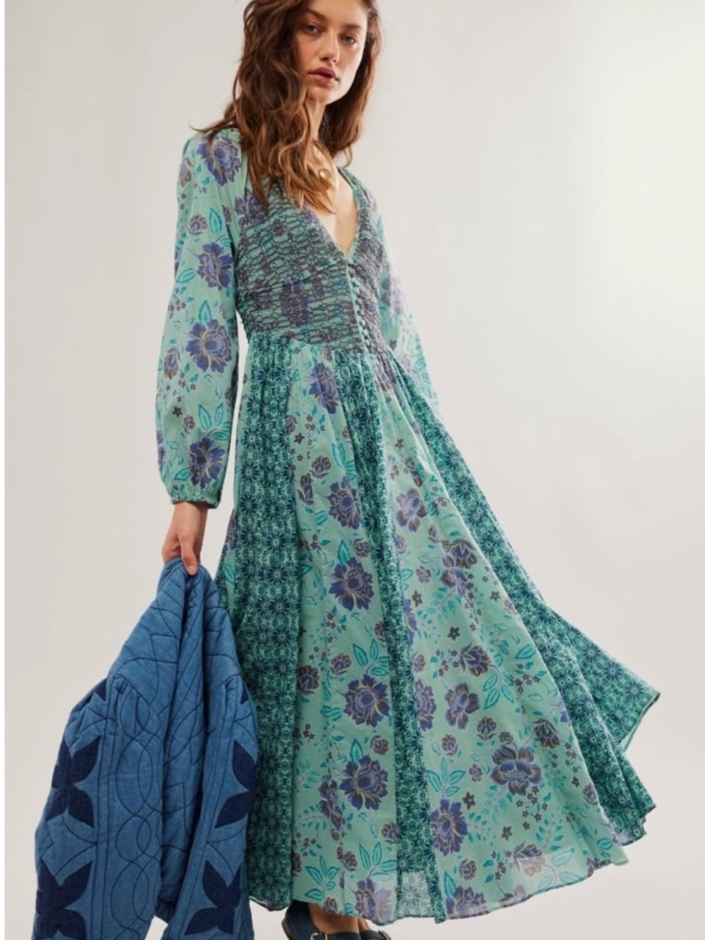 Free People Aqua and Blue Floral Smocked Maxi Dress